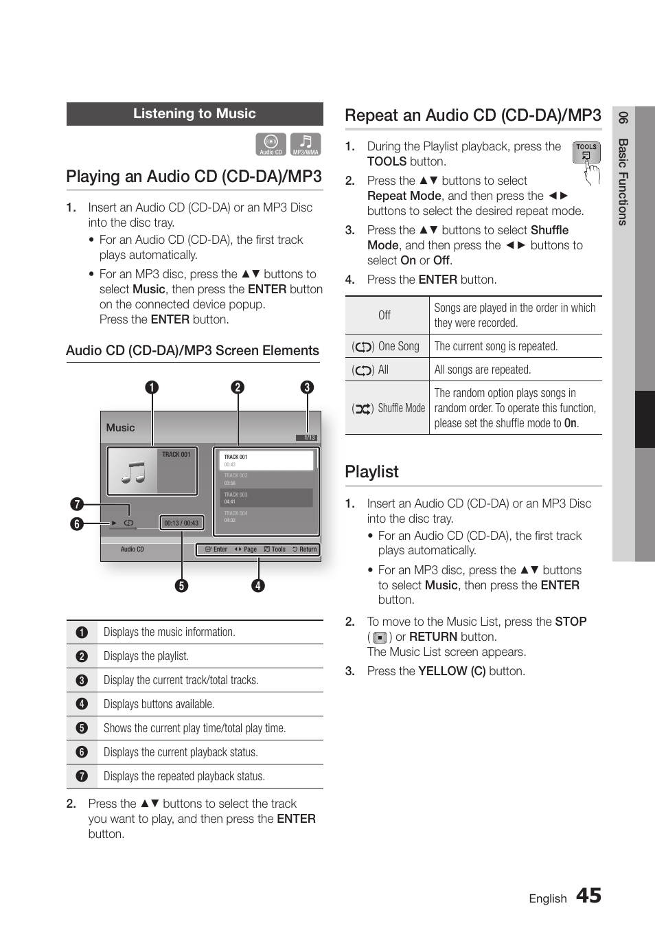 Listening to music, Playing an audio cd (cd-da)/mp3, Repeat an audio cd (cd-da)/mp3 | Playlist, 49 listening to music, 49 playlist | Samsung BD-D6100C-ZA User Manual | Page 49 / 79