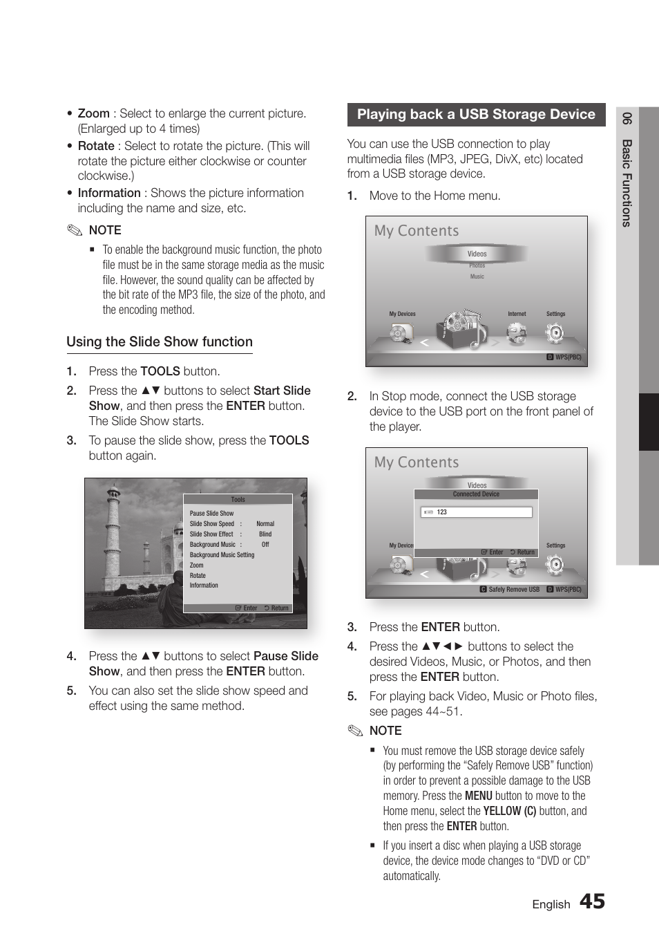 Playing back a usb storage device, 51 playing back a usb storage device, My contents | Using the slide show function | Samsung BD-D6100C-ZA User Manual | Page 51 / 79