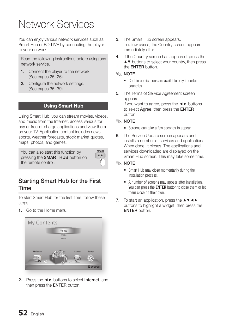 Network services, Using smart hub, Starting smart hub for the first time | 52 using smart hub | Samsung BD-D6100C-ZA User Manual | Page 52 / 79