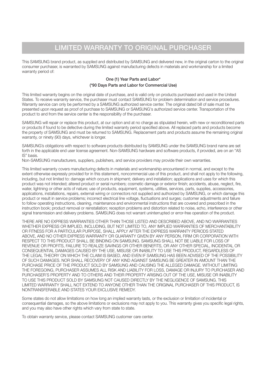 Limited warranty to original purchaser | Samsung BD-D6100C-ZA User Manual | Page 70 / 79