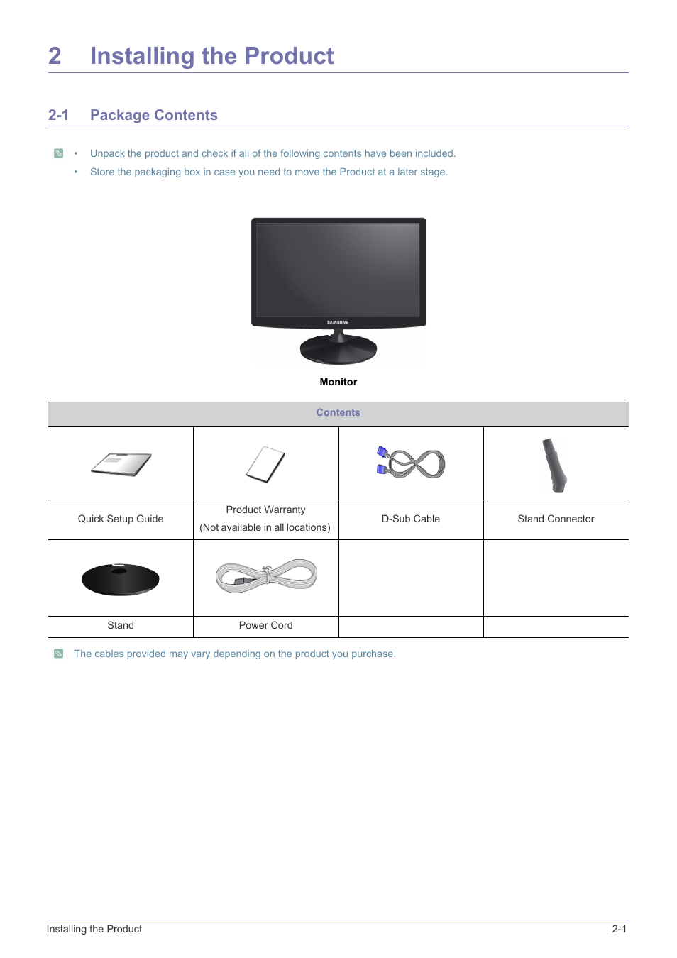 2 installing the product, 1 package contents, Installing the product | Package contents -1, 2installing the product | Samsung LS19A10NS-ZA User Manual | Page 11 / 29