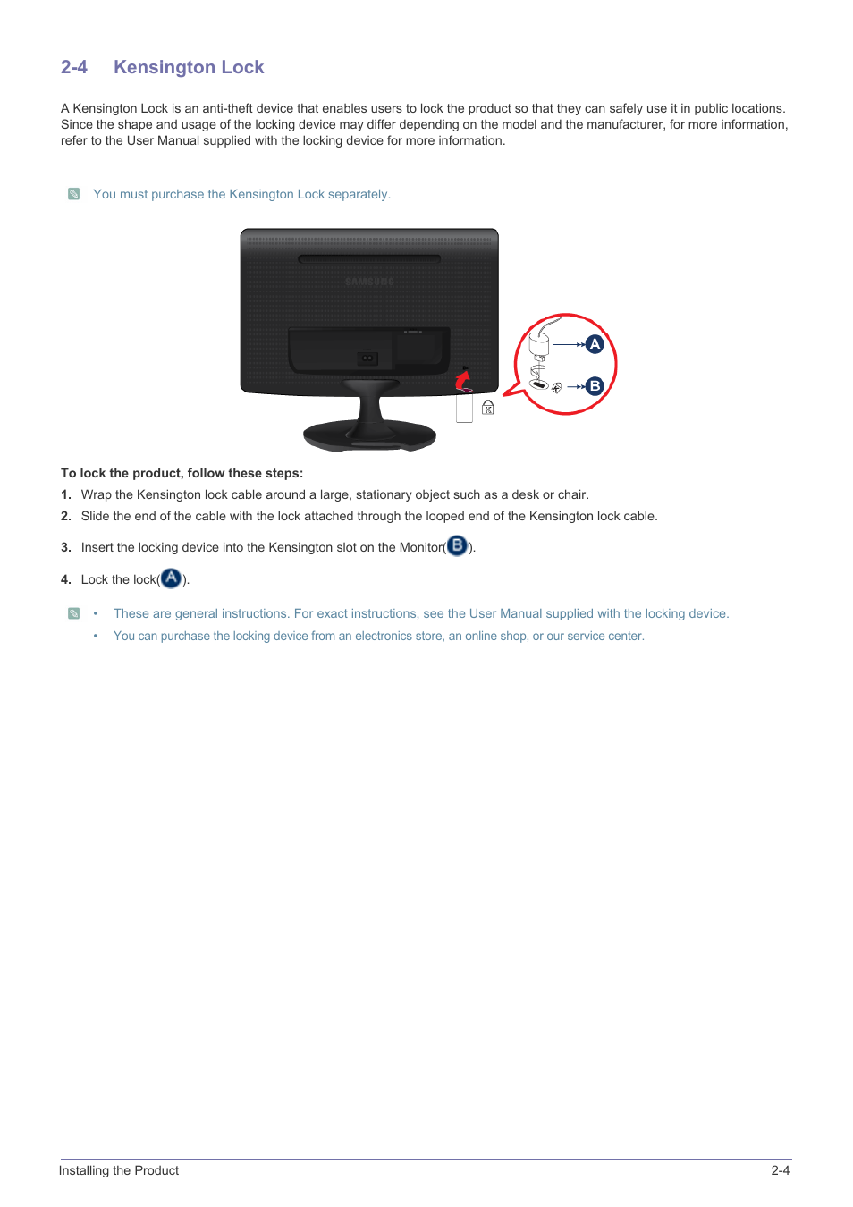 4 kensington lock, Kensington lock -4 | Samsung LS19A10NS-ZA User Manual | Page 15 / 29