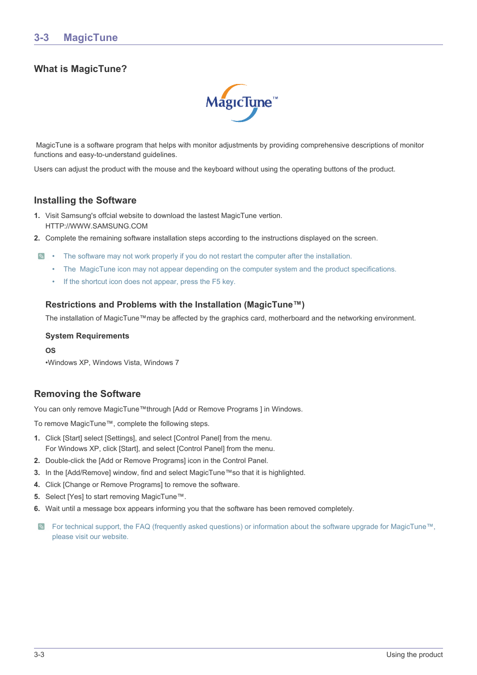 3 magictune, Magictune -3, What is magictune | Installing the software, Removing the software | Samsung LS19A10NS-ZA User Manual | Page 18 / 29