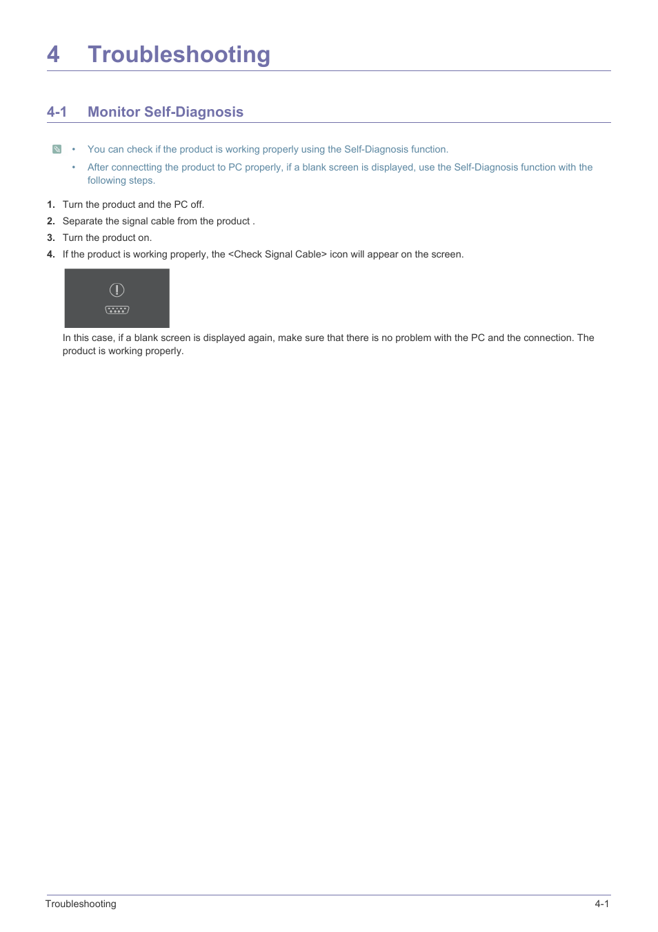 4 troubleshooting, 1 monitor self-diagnosis, Troubleshooting | Monitor self-diagnosis -1, 4troubleshooting | Samsung LS19A10NS-ZA User Manual | Page 19 / 29