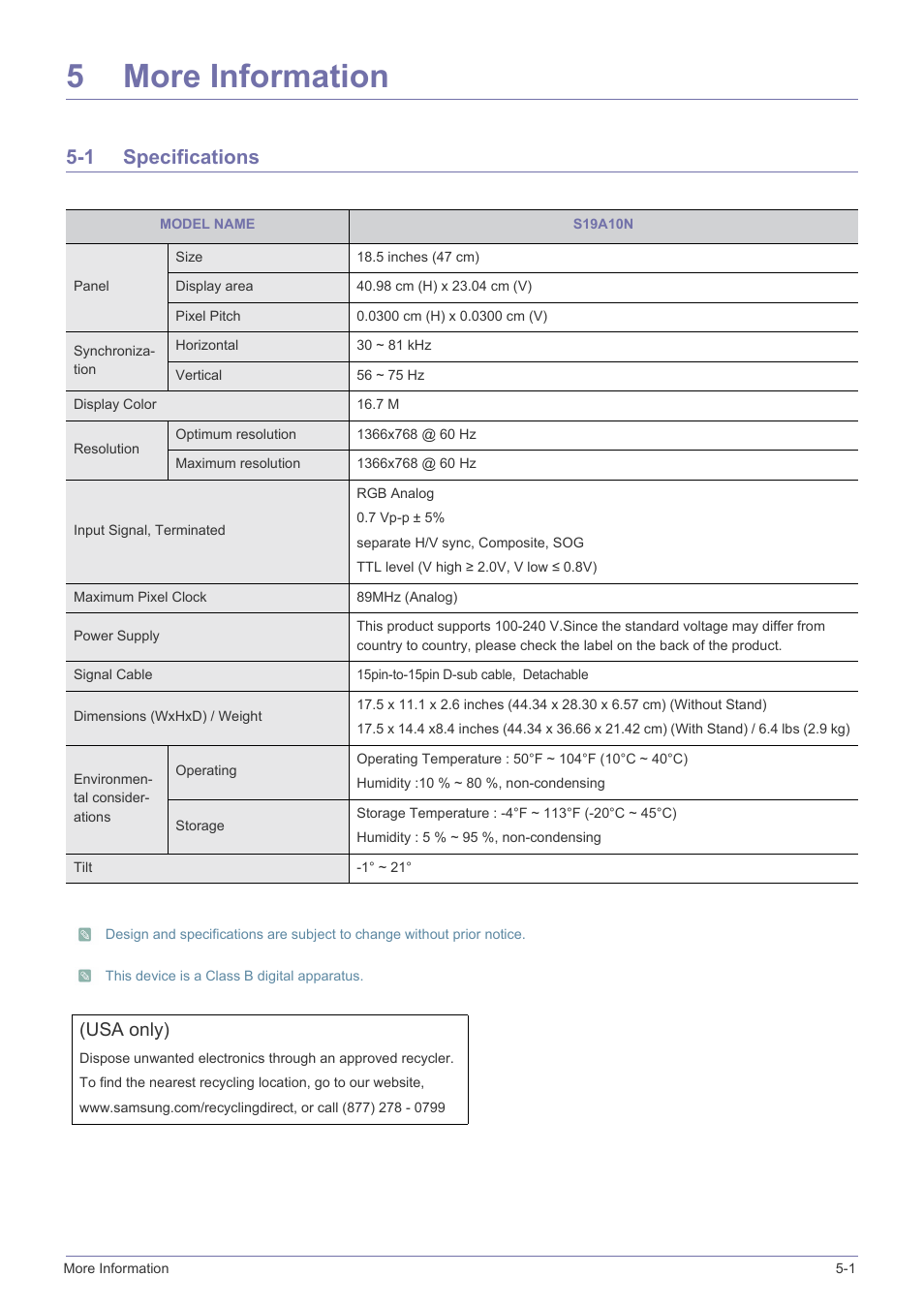 5 more information, 1 specifications, More information | Specifications -1, 5more information, Usa only) | Samsung LS19A10NS-ZA User Manual | Page 23 / 29