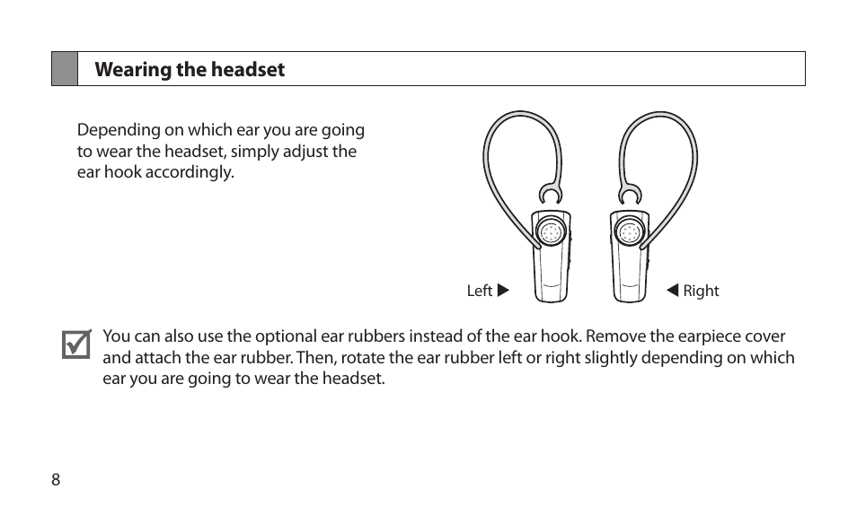Wearing the headset | Samsung BHM1800NDACSTA User Manual | Page 10 / 68