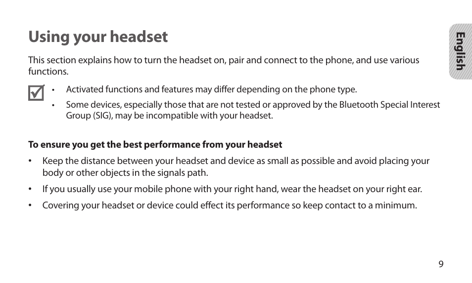 Using your headset | Samsung BHM1800NDACSTA User Manual | Page 11 / 68