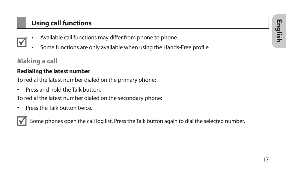 Using call functions | Samsung BHM1800NDACSTA User Manual | Page 19 / 68