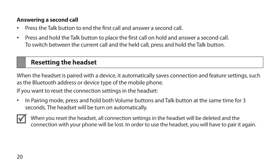 Resetting the headset | Samsung BHM1800NDACSTA User Manual | Page 22 / 68
