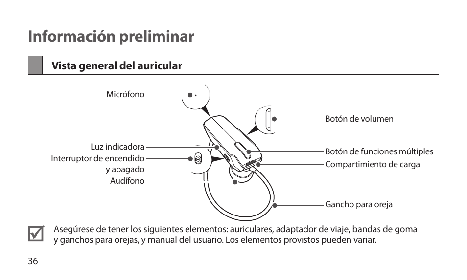 Información preliminar, Vista general del auricular | Samsung BHM1800NDACSTA User Manual | Page 38 / 68