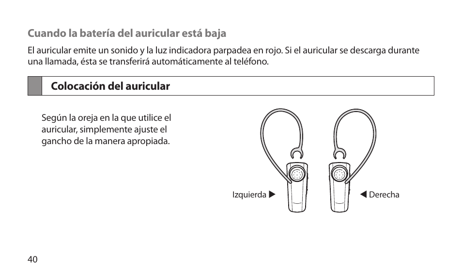 Colocación del auricular | Samsung BHM1800NDACSTA User Manual | Page 42 / 68