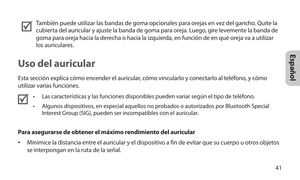 Uso del auricular | Samsung BHM1800NDACSTA User Manual | Page 43 / 68