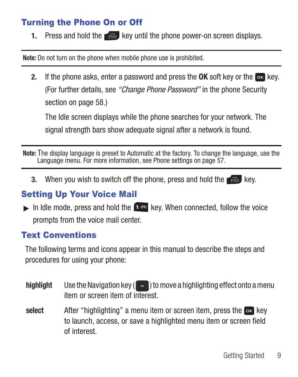 Turning the phone on or off, Setting up your voice mail, Text conventions | Samsung SGH-T255YKATFN User Manual | Page 13 / 92