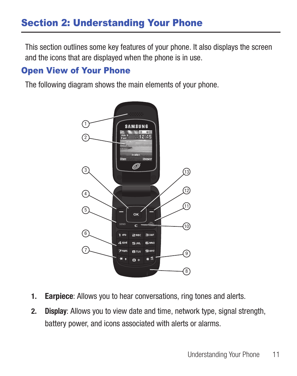 Section 2: understanding your phone, Open view of your phone | Samsung SGH-T255YKATFN User Manual | Page 15 / 92