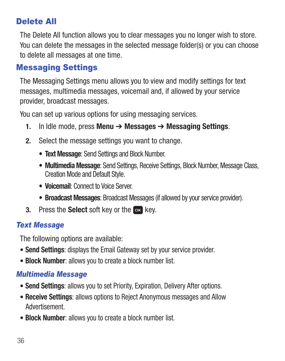 Delete all, Messaging settings, Delete all messaging settings | Samsung SGH-T255YKATFN User Manual | Page 40 / 92