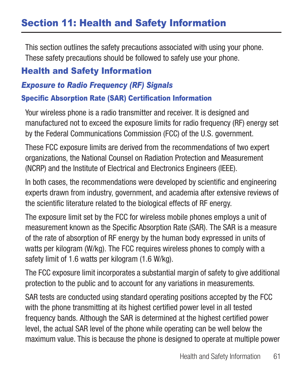 Section 11: health and safety information, Health and safety information | Samsung SGH-T255YKATFN User Manual | Page 65 / 92