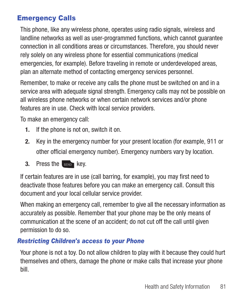 Emergency calls | Samsung SGH-T255YKATFN User Manual | Page 85 / 92