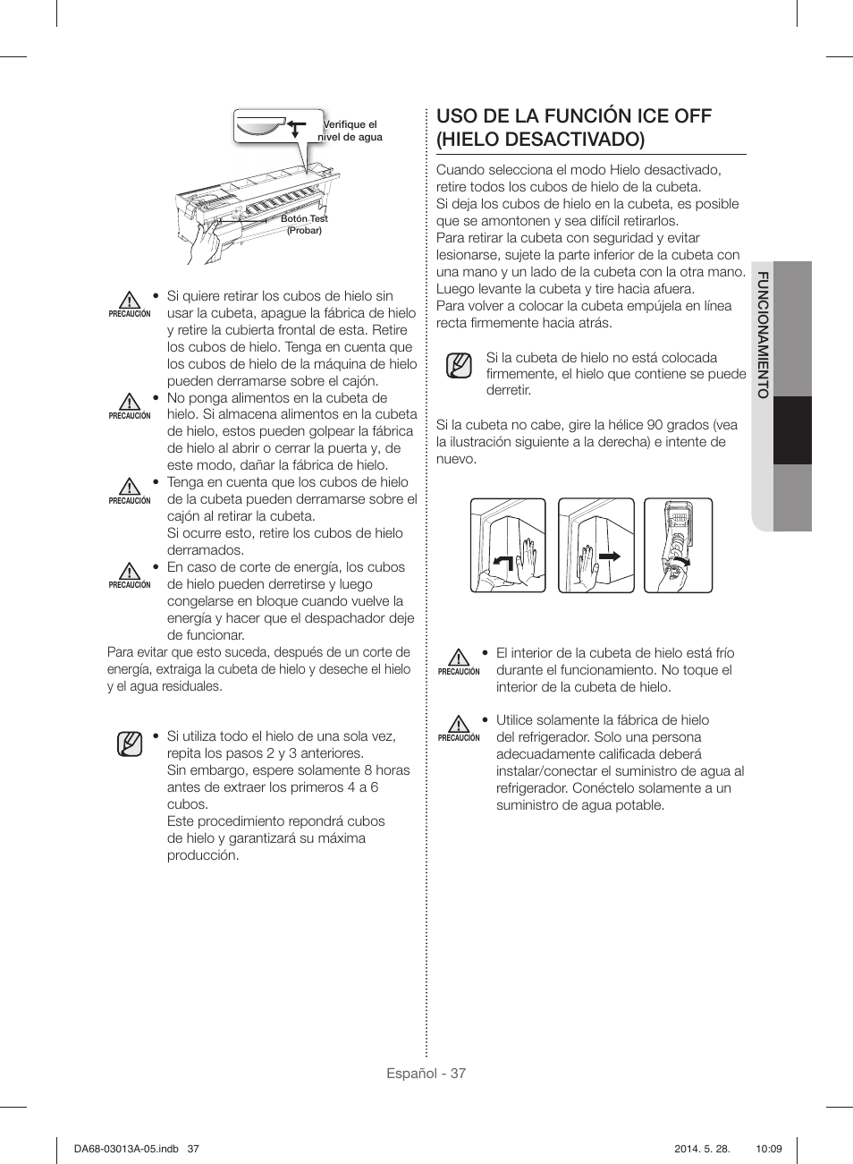 Uso de la función ice off (hielo desactivado) | Samsung RF34H9960S4-AA User Manual | Page 101 / 180