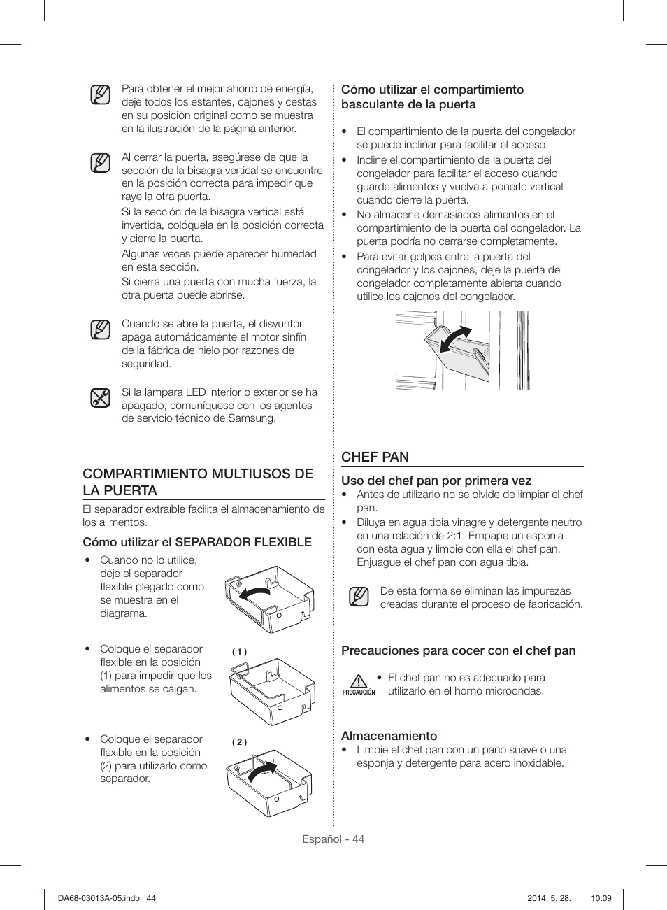 Compartimiento multiusos de la puerta, Chef pan | Samsung RF34H9960S4-AA User Manual | Page 108 / 180