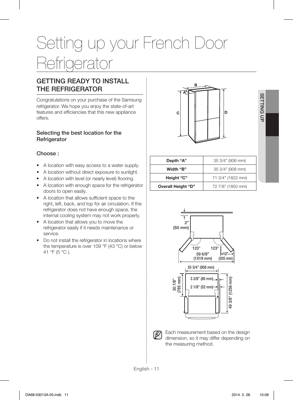 Setting up your french door refrigerator, Getting ready to install the refrigerator | Samsung RF34H9960S4-AA User Manual | Page 11 / 180