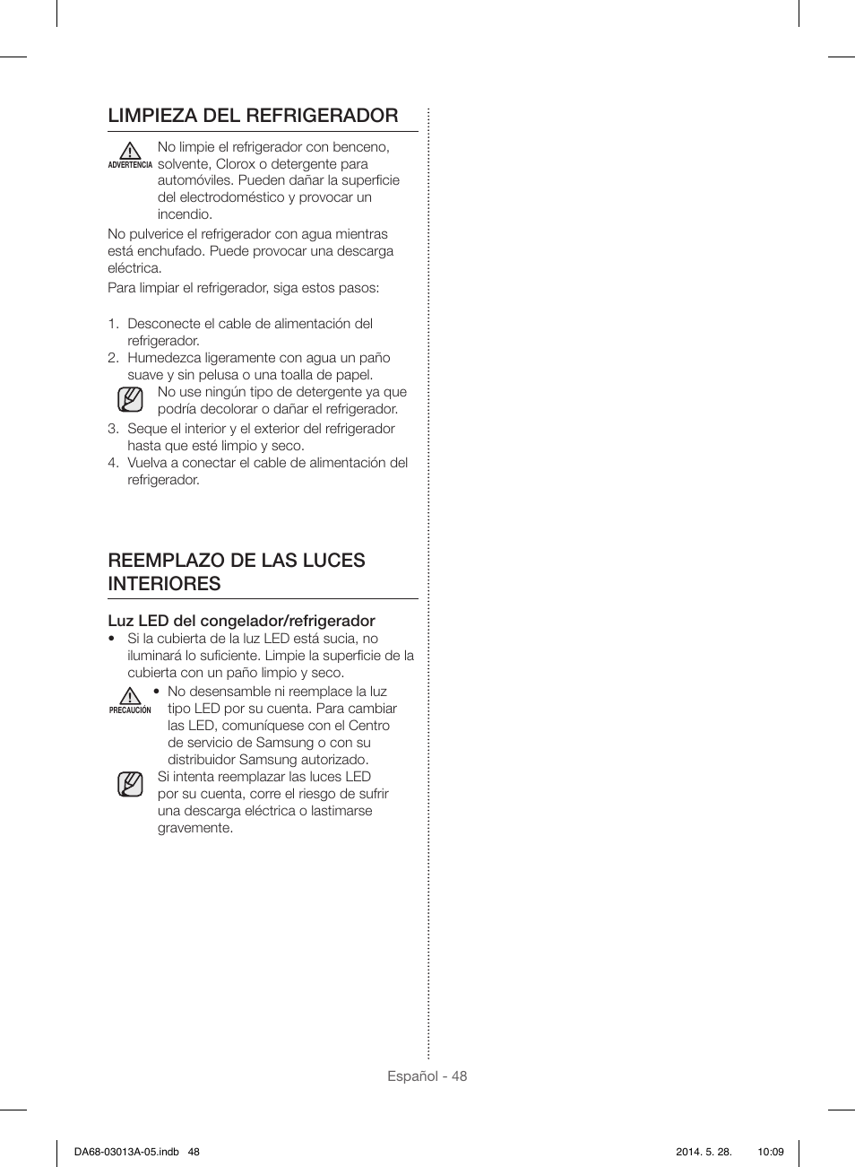 Limpieza del refrigerador, Reemplazo de las luces interiores | Samsung RF34H9960S4-AA User Manual | Page 112 / 180