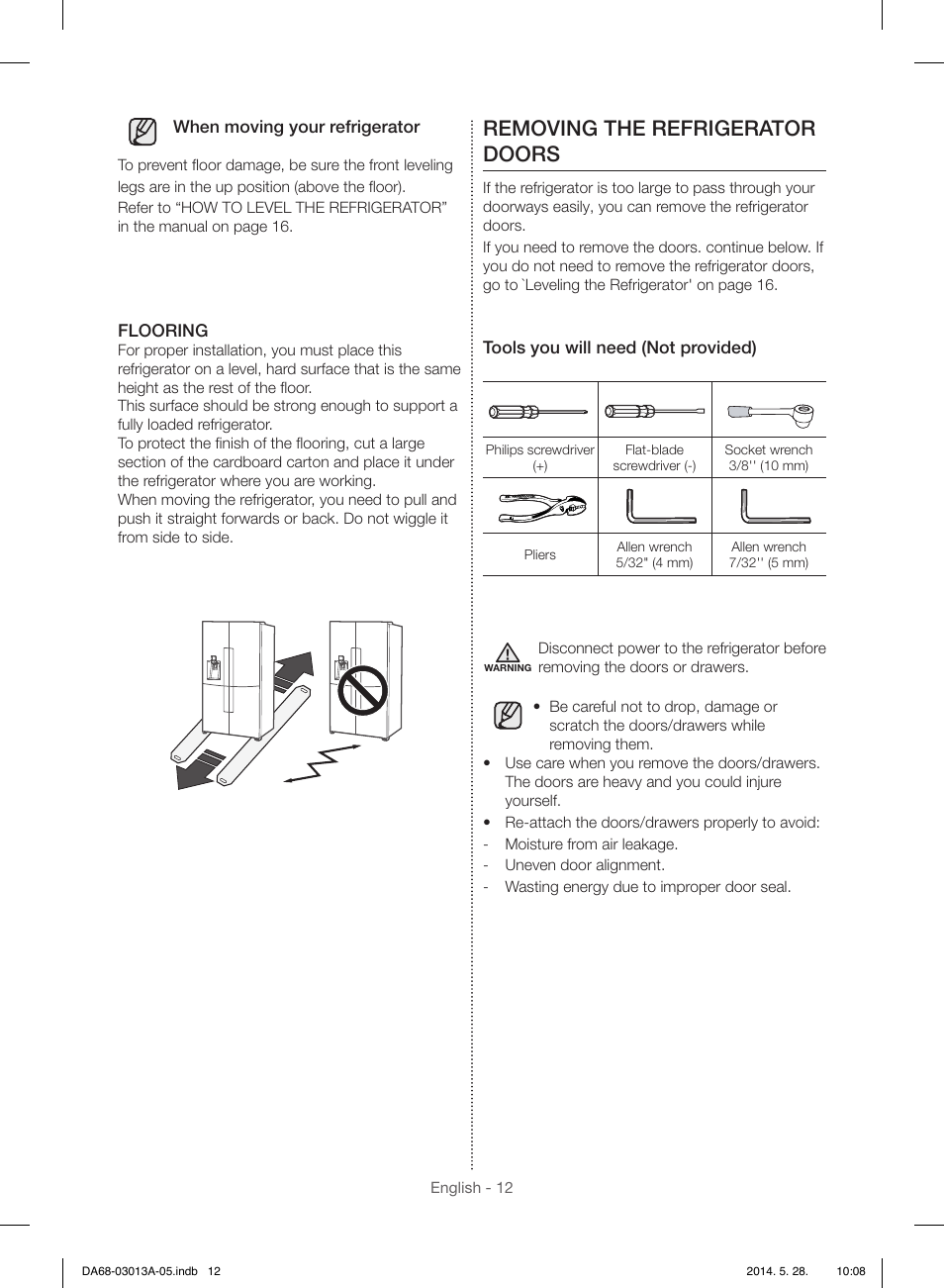 Removing the refrigerator doors | Samsung RF34H9960S4-AA User Manual | Page 12 / 180