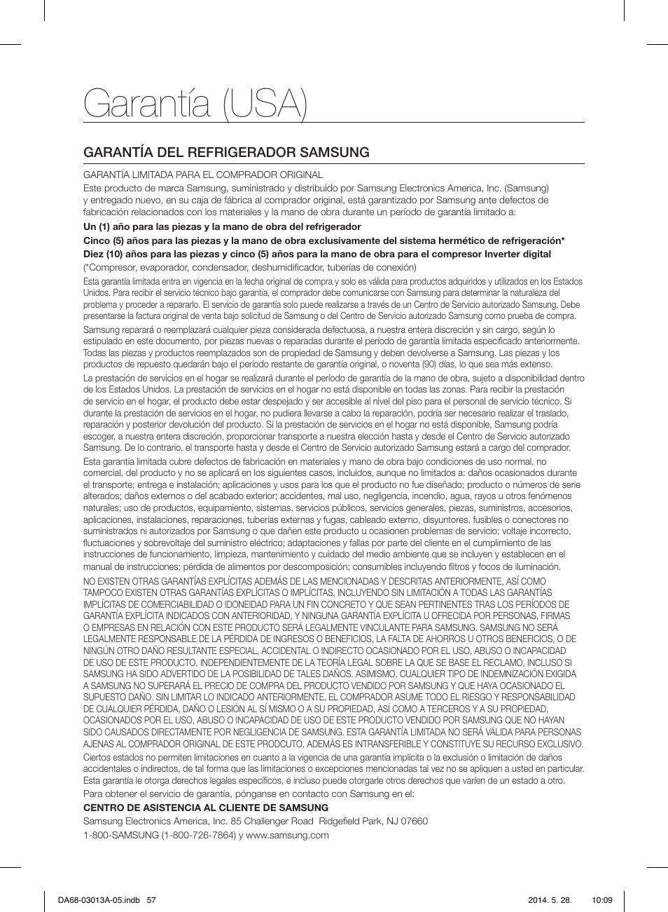 Garantía (usa), Garantía del refrigerador samsung | Samsung RF34H9960S4-AA User Manual | Page 121 / 180