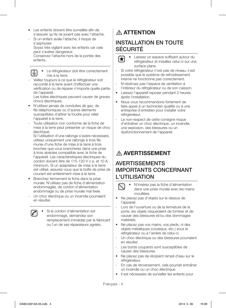 Attention installation en toute sécurité | Samsung RF34H9960S4-AA User Manual | Page 126 / 180