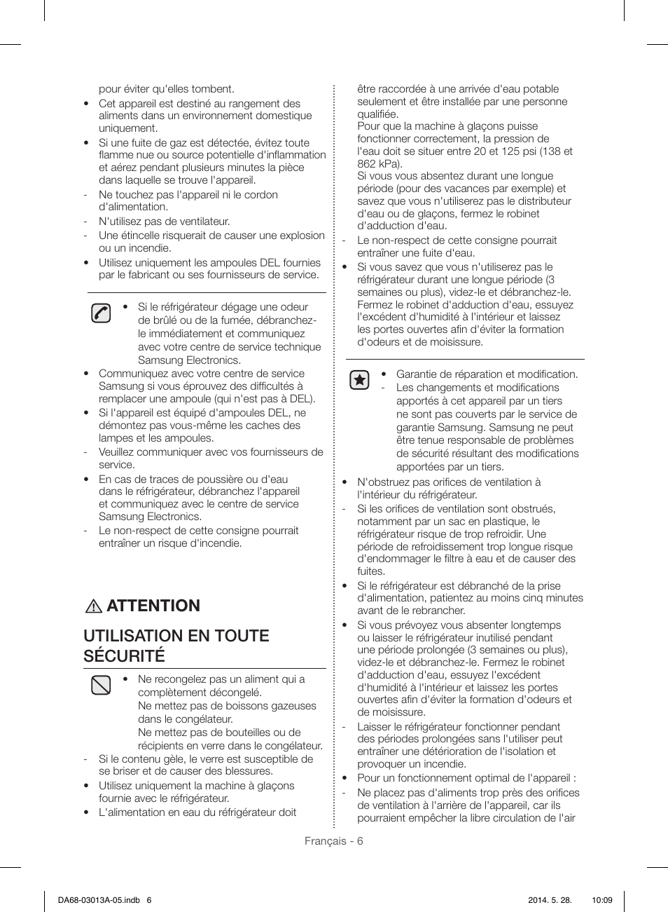 Attention utilisation en toute sécurité | Samsung RF34H9960S4-AA User Manual | Page 128 / 180