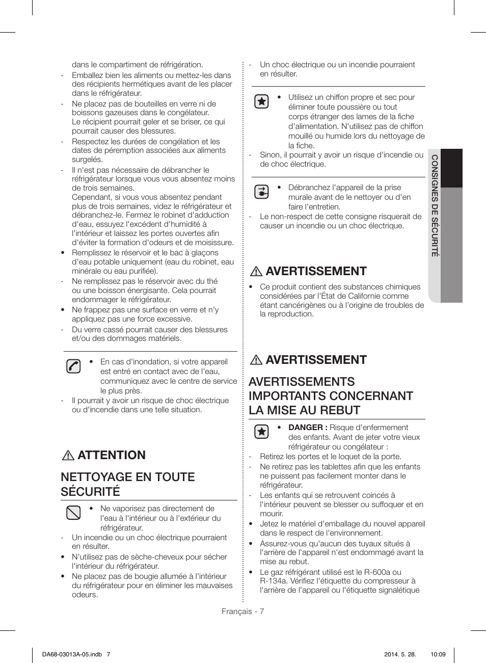 Attention nettoyage en toute sécurité, Avertissement | Samsung RF34H9960S4-AA User Manual | Page 129 / 180