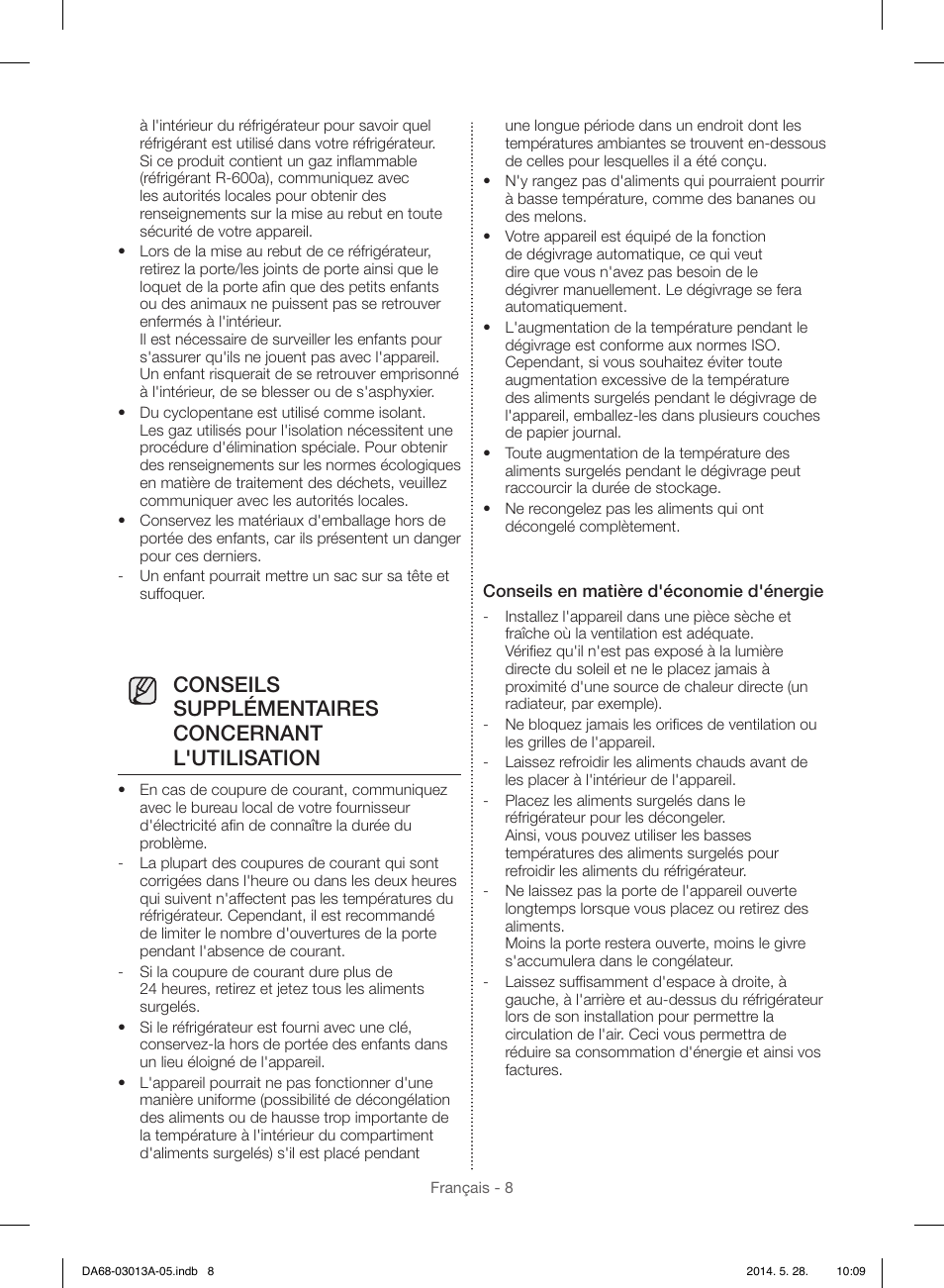 Conseils supplémentaires concernant l'utilisation | Samsung RF34H9960S4-AA User Manual | Page 130 / 180