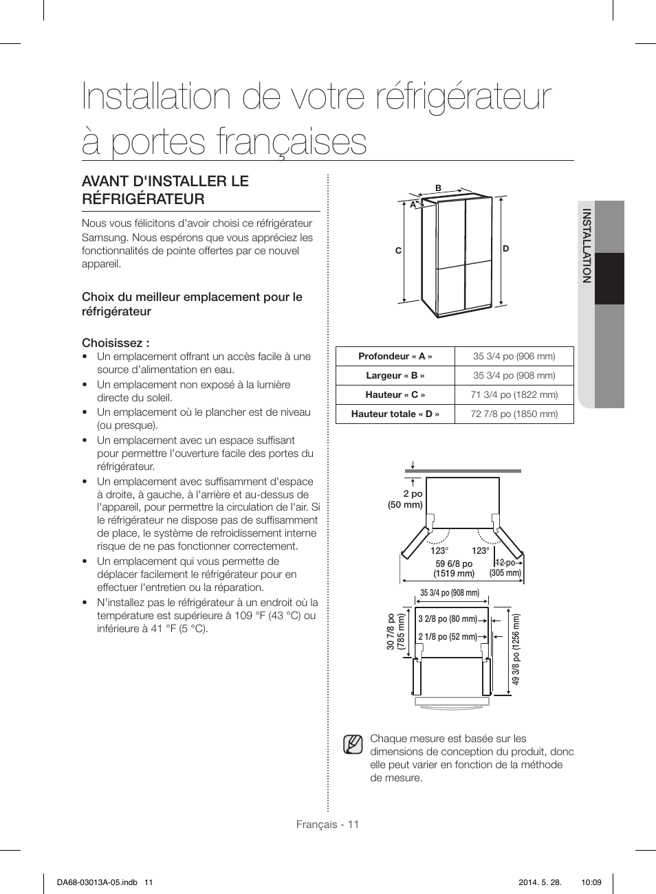 Avant d'installer le réfrigérateur | Samsung RF34H9960S4-AA User Manual | Page 133 / 180