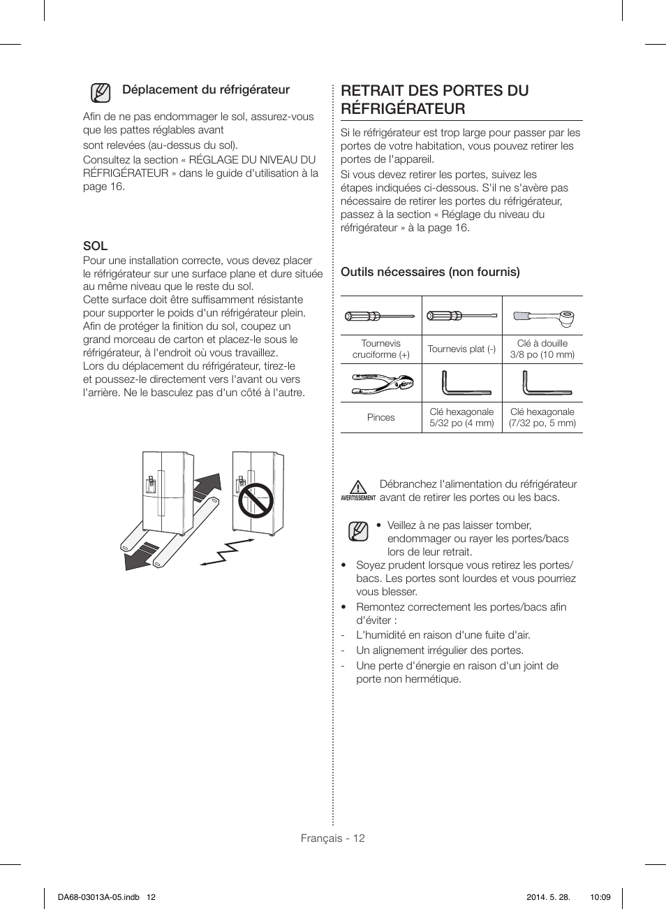 Retrait des portes du réfrigérateur | Samsung RF34H9960S4-AA User Manual | Page 134 / 180