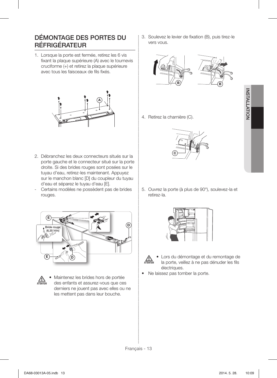 Démontage des portes du réfrigérateur | Samsung RF34H9960S4-AA User Manual | Page 135 / 180