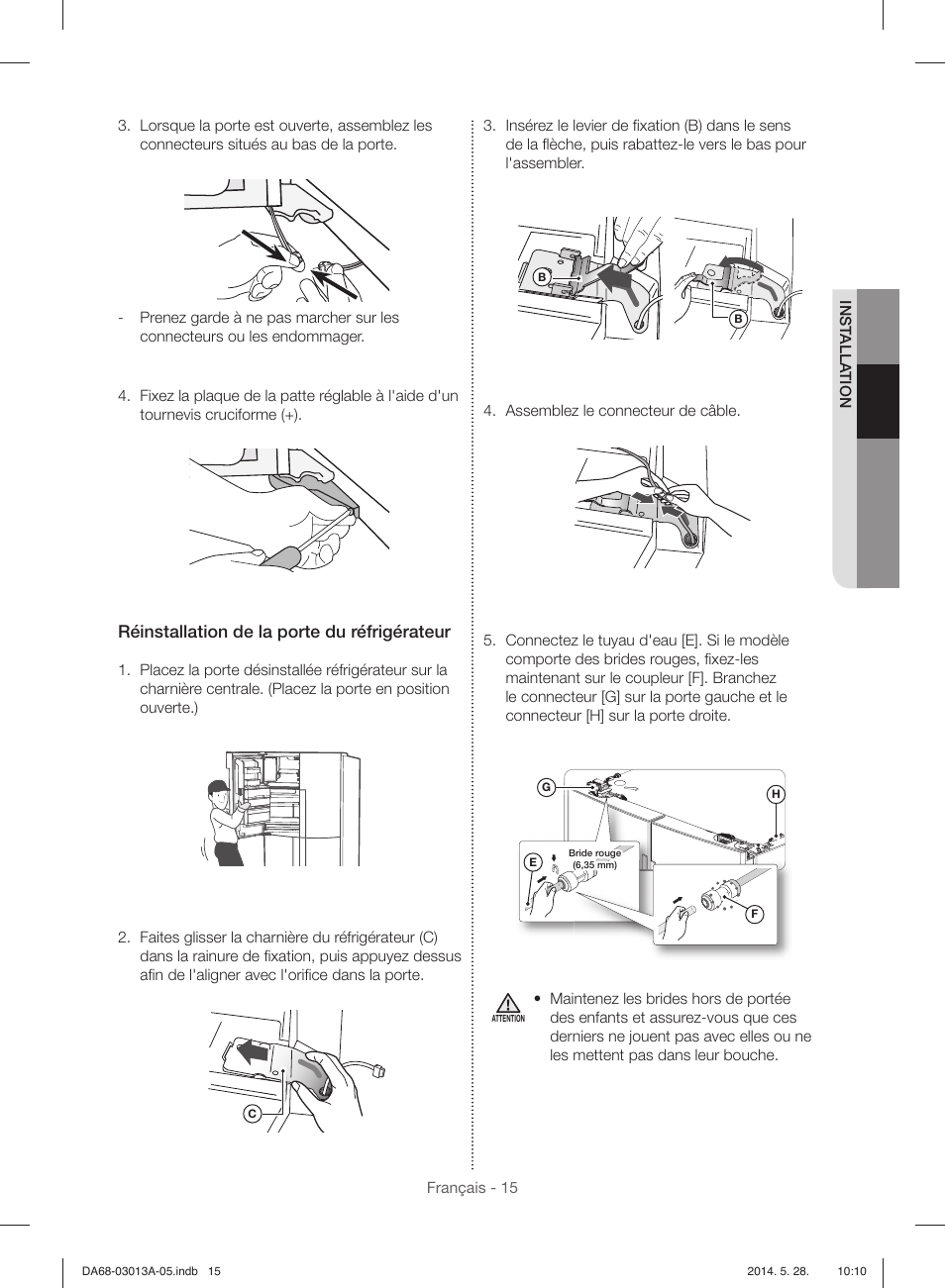 Réinstallation de la porte du réfrigérateur | Samsung RF34H9960S4-AA User Manual | Page 137 / 180