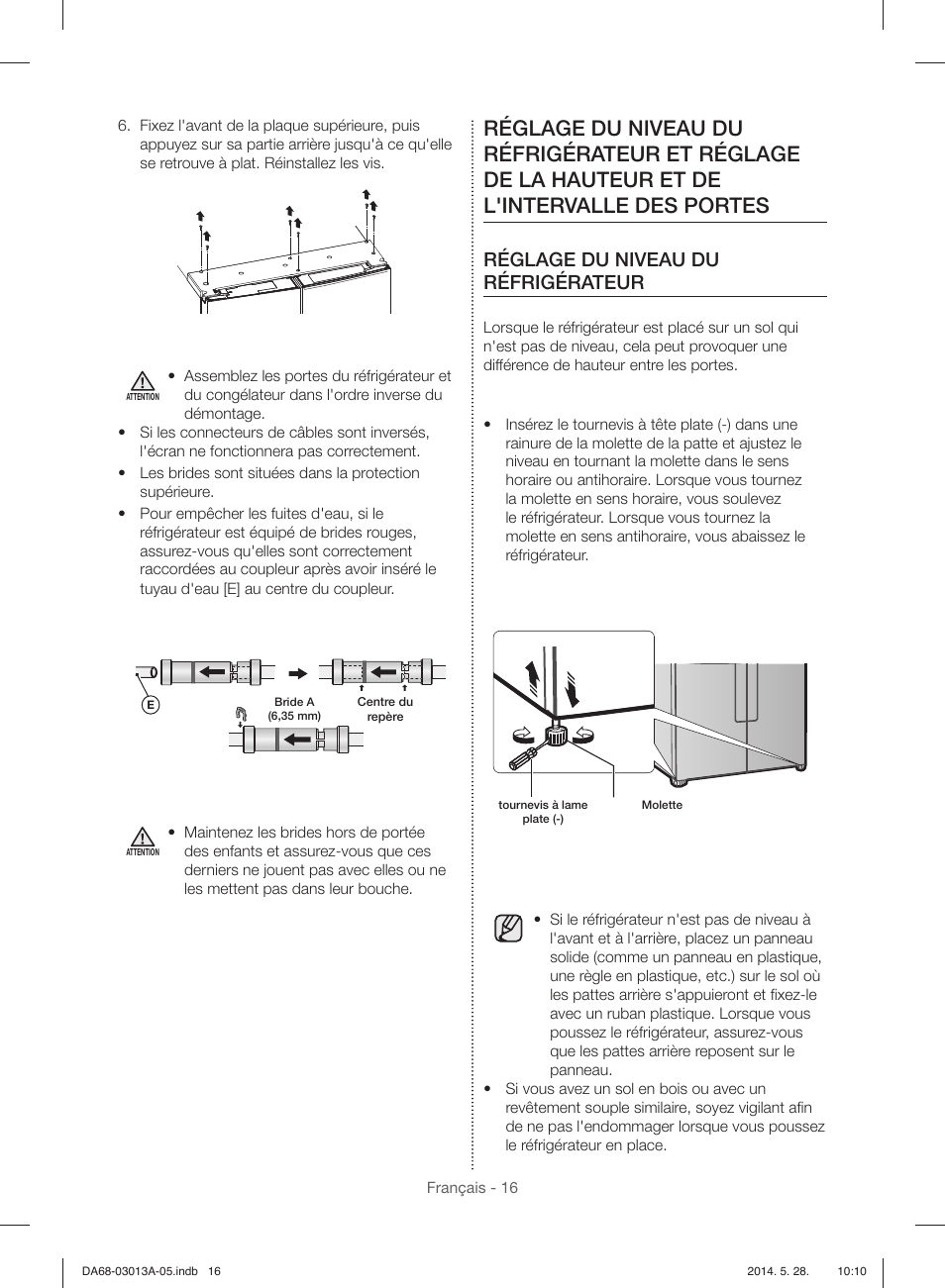 Réglage du niveau du réfrigérateur | Samsung RF34H9960S4-AA User Manual | Page 138 / 180