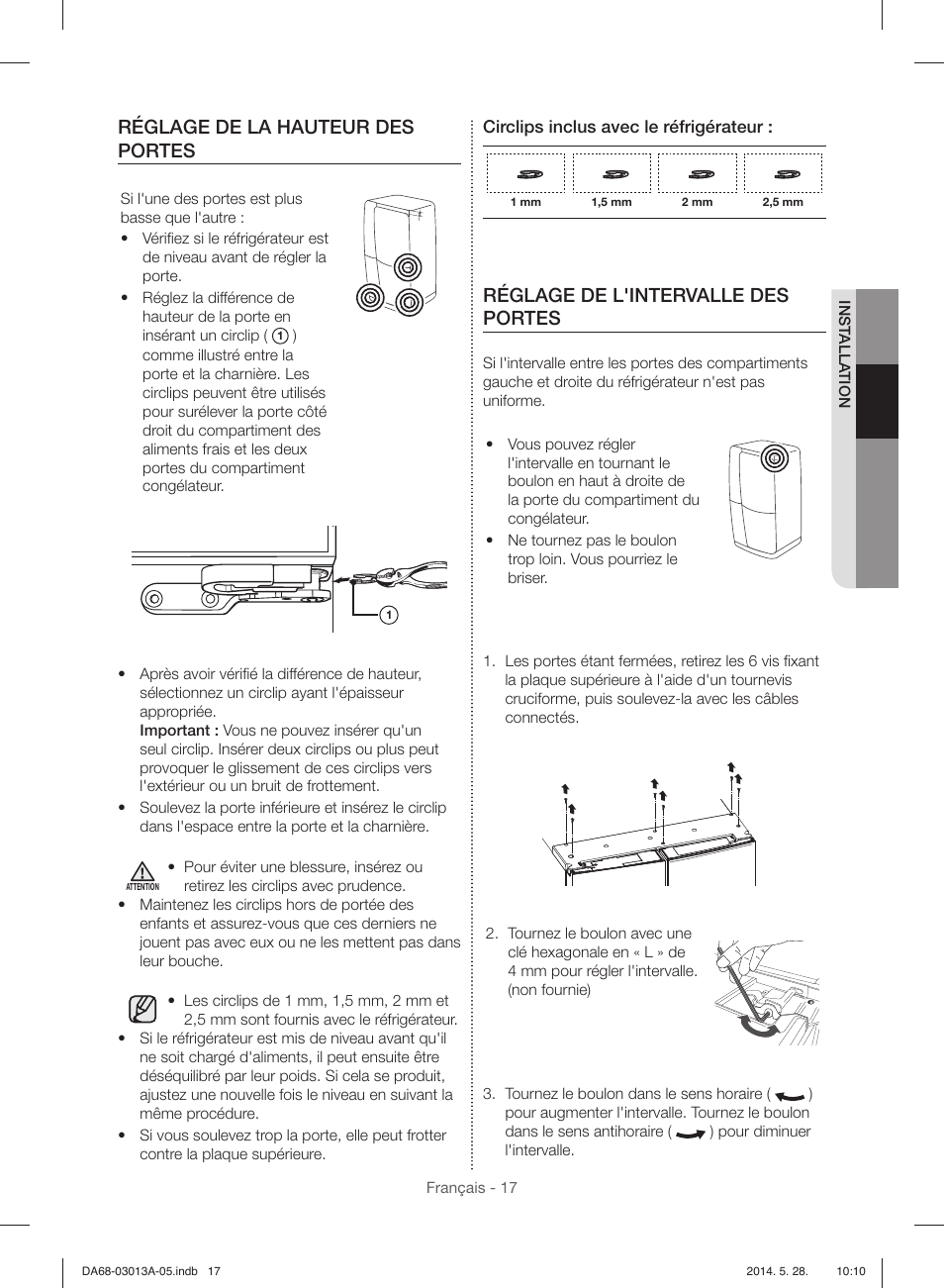 Réglage de la hauteur des portes, Réglage de l'intervalle des portes | Samsung RF34H9960S4-AA User Manual | Page 139 / 180