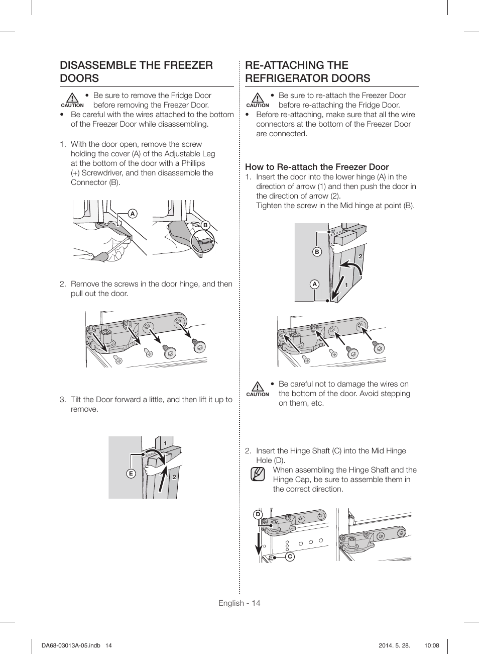 Disassemble the freezer doors, Re-attaching the refrigerator doors, How to re-attach the freezer door | Samsung RF34H9960S4-AA User Manual | Page 14 / 180