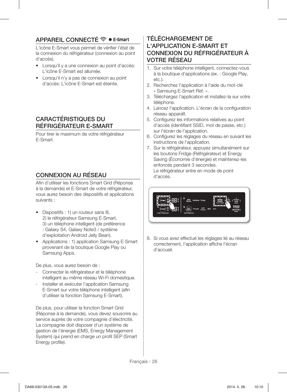 Appareil connecté, Caractéristiques du réfrigérateur e-smart, Connexion au réseau | Samsung RF34H9960S4-AA User Manual | Page 148 / 180