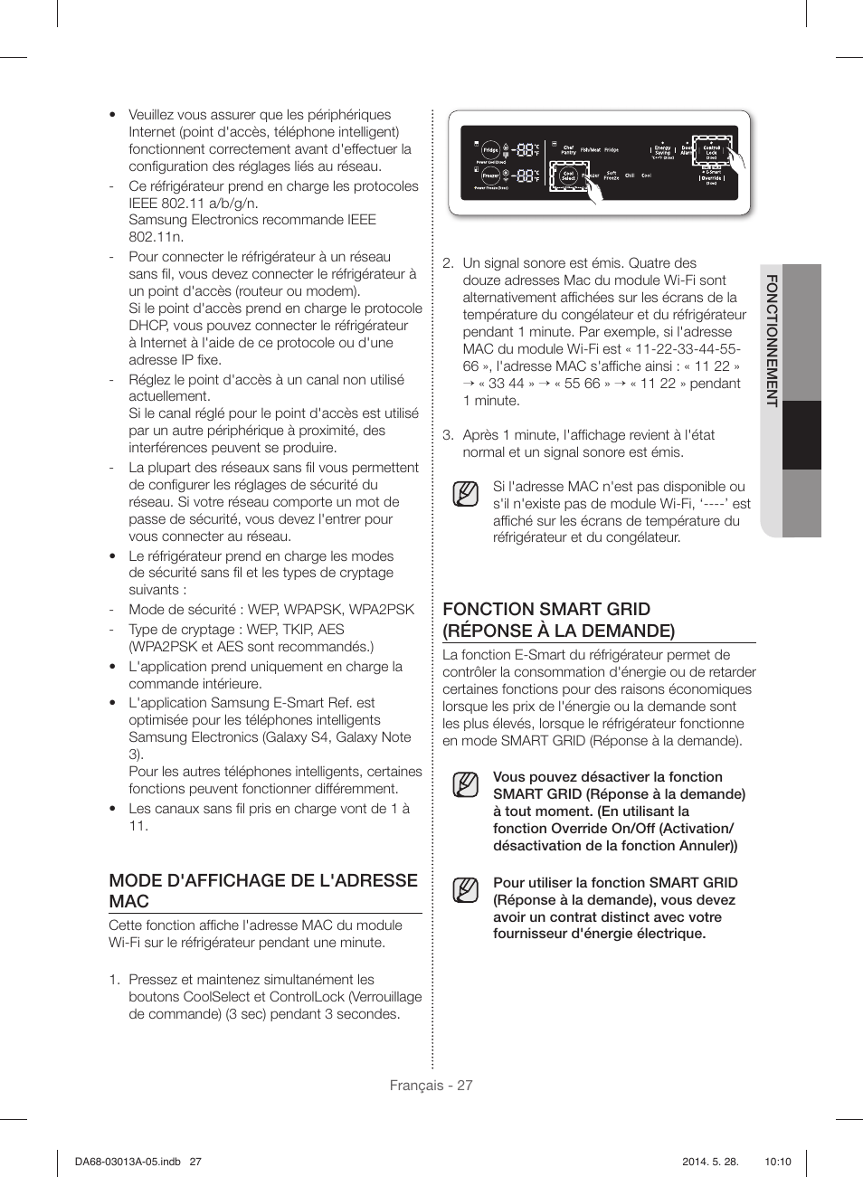 Mode d'affichage de l'adresse mac, Fonction smart grid (réponse à la demande) | Samsung RF34H9960S4-AA User Manual | Page 149 / 180