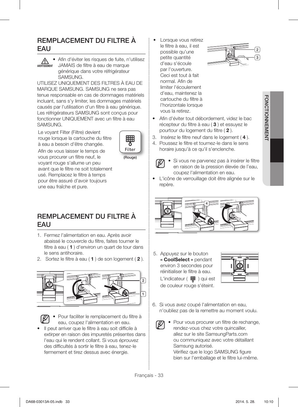 Remplacement du filtre à eau | Samsung RF34H9960S4-AA User Manual | Page 155 / 180