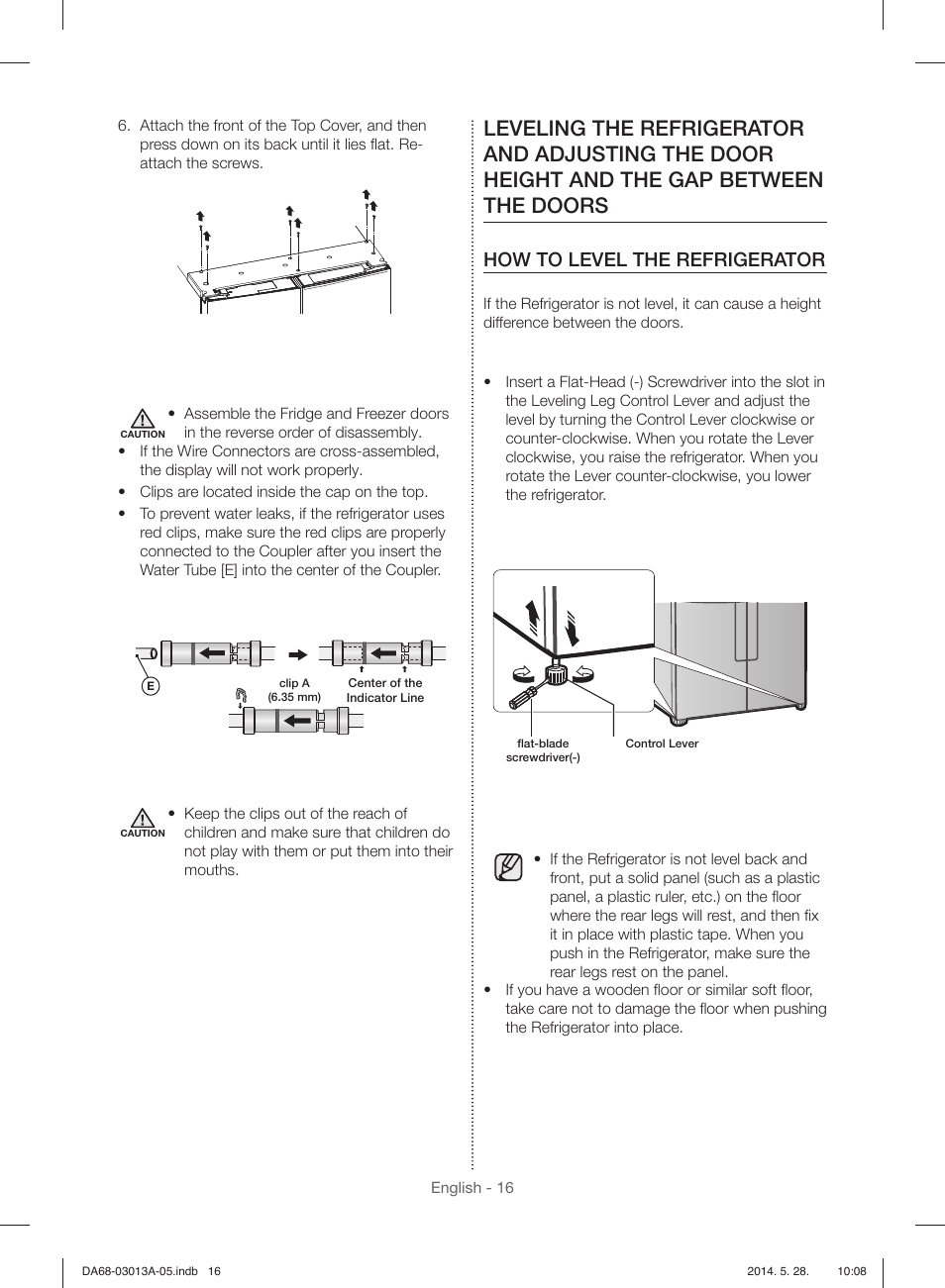 How to level the refrigerator | Samsung RF34H9960S4-AA User Manual | Page 16 / 180