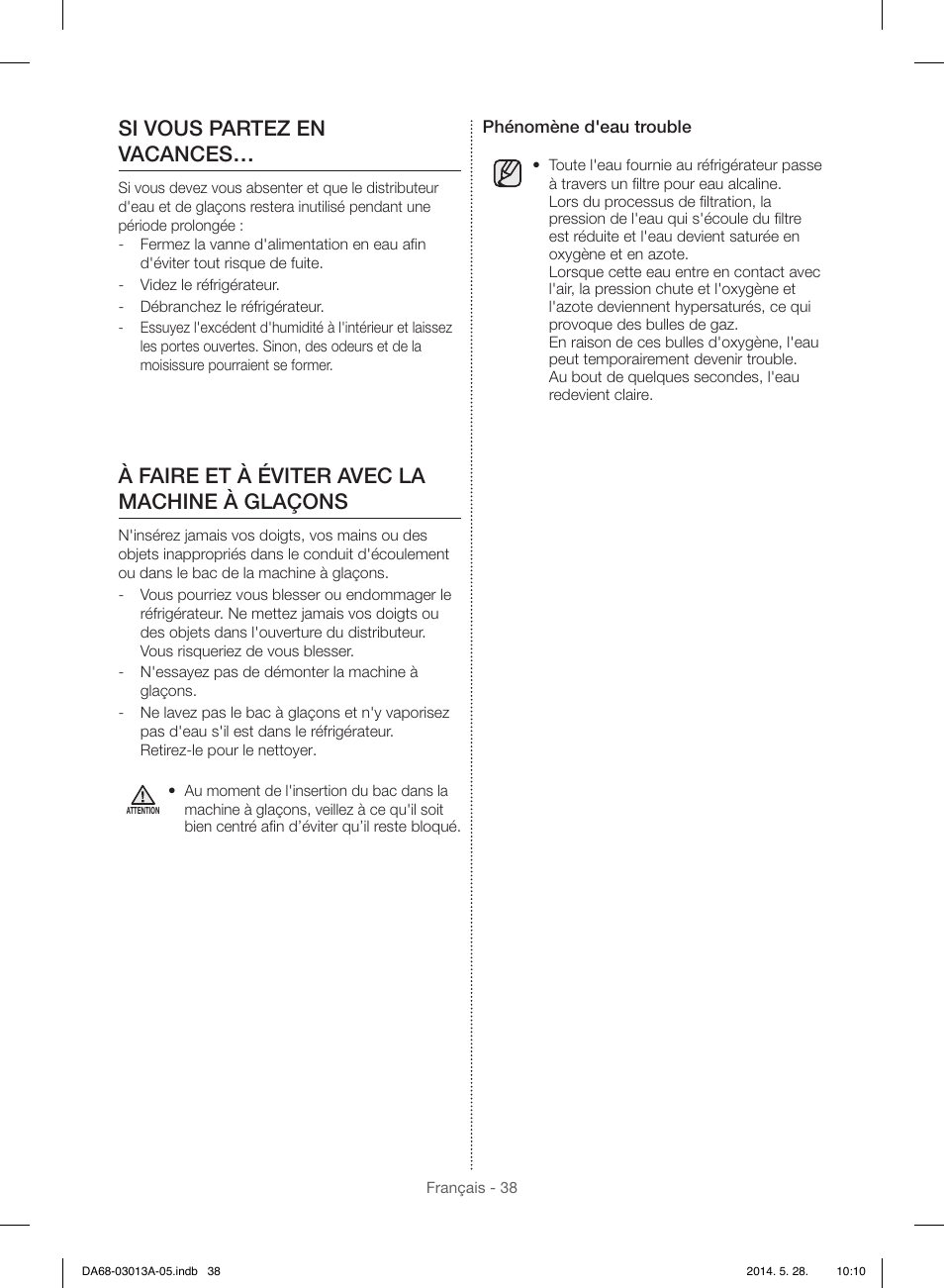 Si vous partez en vacances, À faire et à éviter avec la machine à glaçons | Samsung RF34H9960S4-AA User Manual | Page 160 / 180