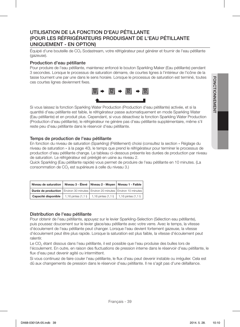 Production d'eau pétillante, Temps de production de l'eau pétillante, Distribution de l'eau pétillante | Samsung RF34H9960S4-AA User Manual | Page 161 / 180