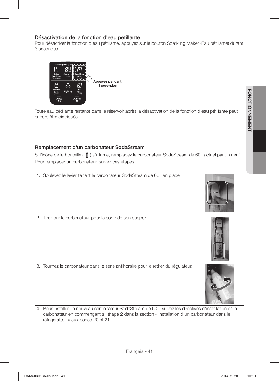 Désactivation de la fonction d'eau pétillante, Remplacement d'un carbonateur sodastream | Samsung RF34H9960S4-AA User Manual | Page 163 / 180