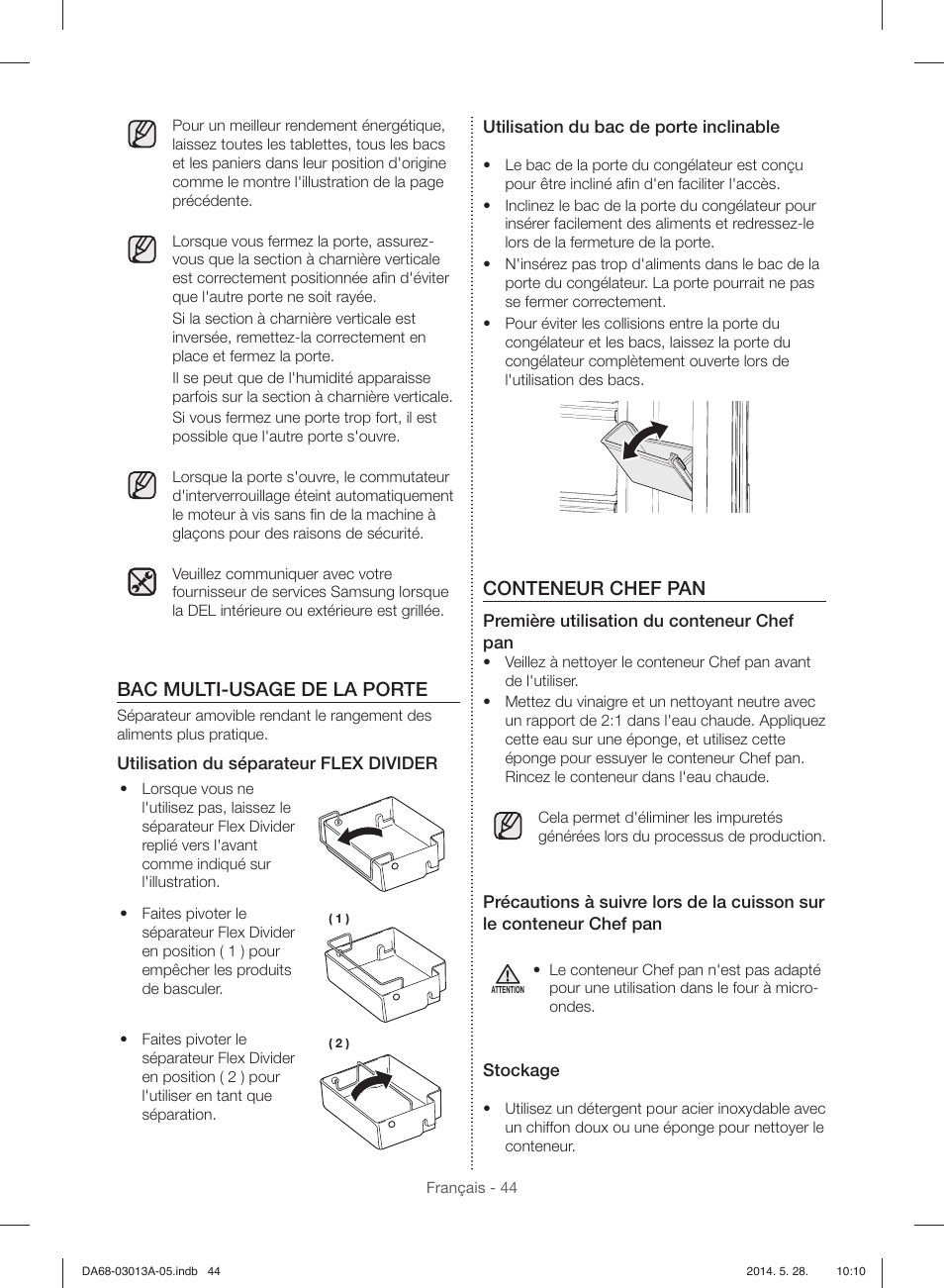 Bac multi-usage de la porte, Conteneur chef pan | Samsung RF34H9960S4-AA User Manual | Page 166 / 180