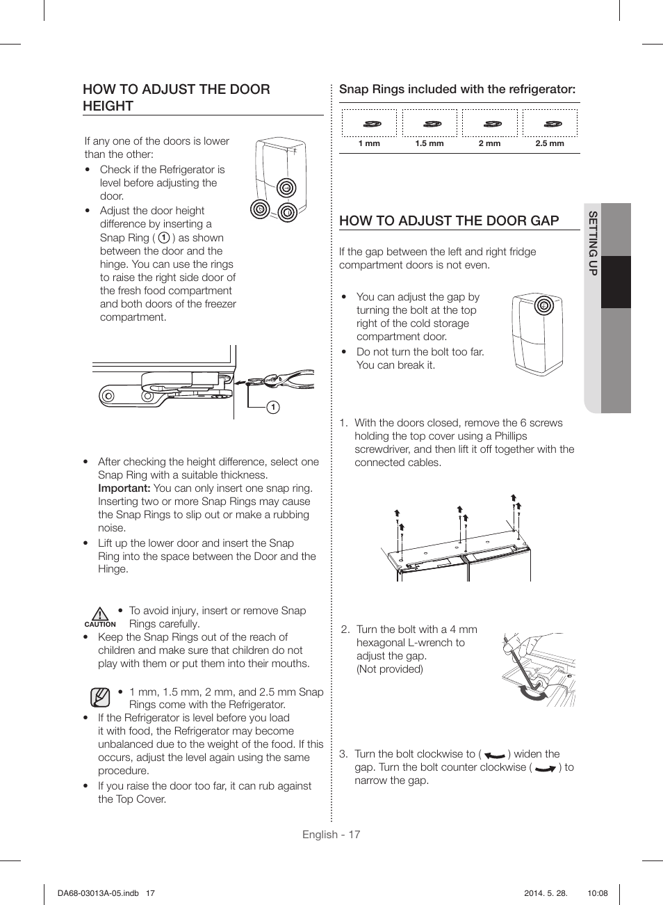 How to adjust the door height, How to adjust the door gap | Samsung RF34H9960S4-AA User Manual | Page 17 / 180