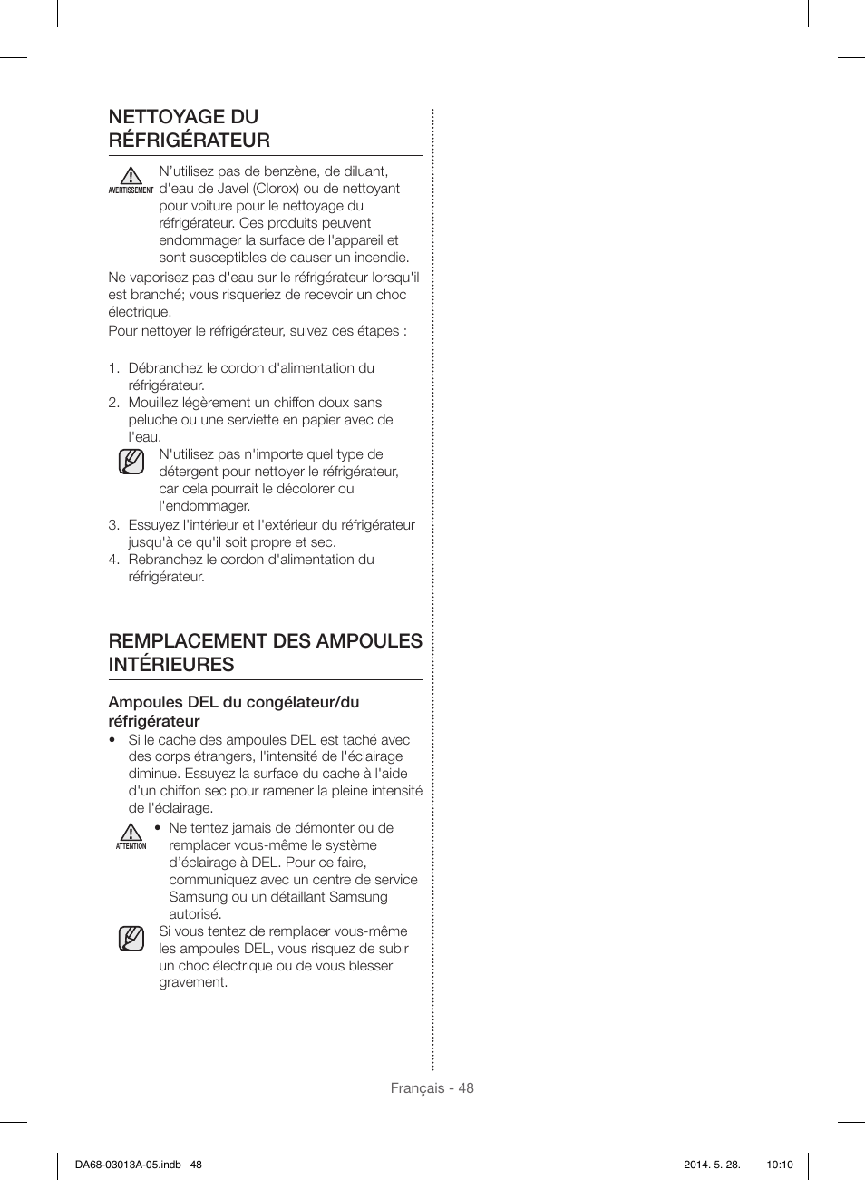 Nettoyage du réfrigérateur, Remplacement des ampoules intérieures | Samsung RF34H9960S4-AA User Manual | Page 170 / 180