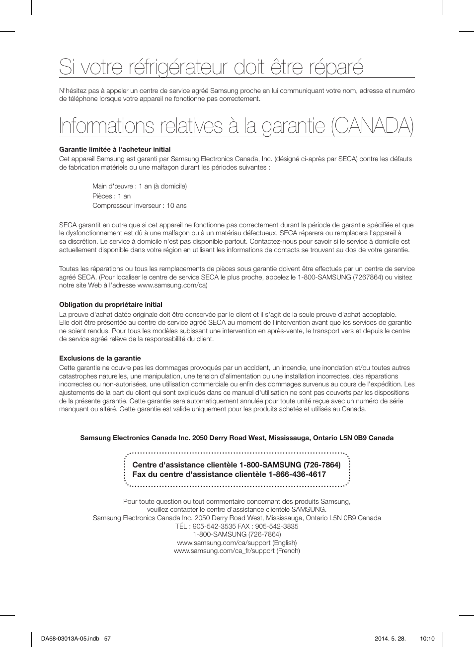 Si votre réfrigérateur doit être réparé, Informations relatives à la garantie (canada) | Samsung RF34H9960S4-AA User Manual | Page 179 / 180