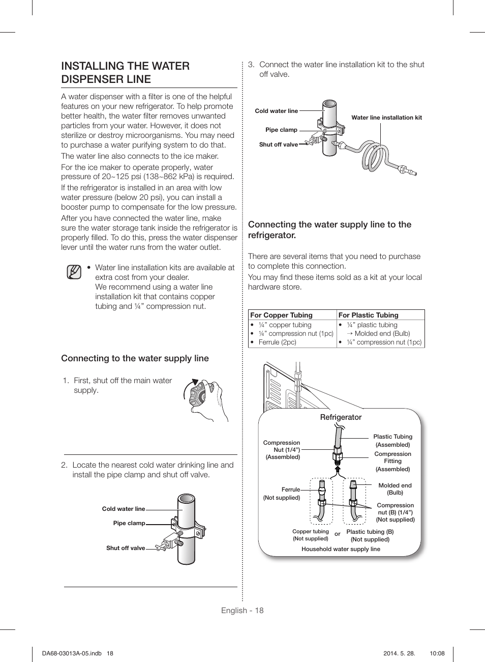 Installing the water dispenser line, Connecting to the water supply line | Samsung RF34H9960S4-AA User Manual | Page 18 / 180